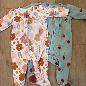 Set of 2 Carter's Floral & Apple Footed One-Pieces